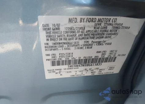 2008 Mercury Sable Premier z USA, uszkodzony, nr VIN 1MEHM42WX8G615835